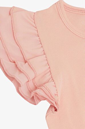 Breeze Kız Çocuk Tişört Kemer Boy Kolları Krep Kumaş Fırfırlı 3-7 Yaş, Somon