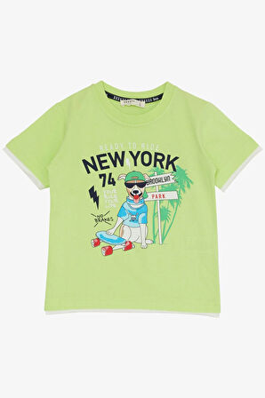 Breeze Erkek Çocuk Şortlu Takım Sevimli Özgür Kaykaycı Köpekçik Baskılı 2-6 Yaş, Fıstık Yeşili