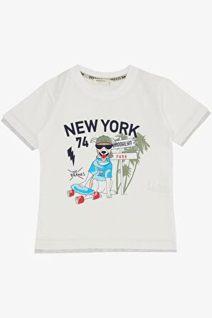 Breeze Erkek Çocuk Şortlu Takım Sevimli Özgür Kaykaycı Köpekçik Baskılı 2-6 Yaş, Ekru