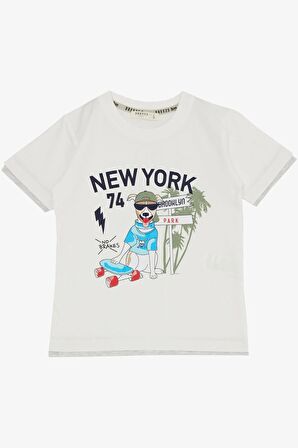 Breeze Erkek Çocuk Şortlu Takım Sevimli Özgür Kaykaycı Köpekçik Baskılı 2-6 Yaş, Ekru