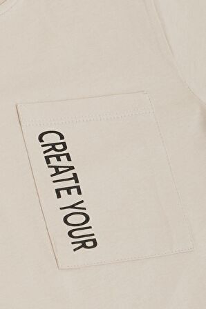 Breeze Erkek Çocuk Tişört Cepli Yazı Baskılı 6-12 Yaş, Bej