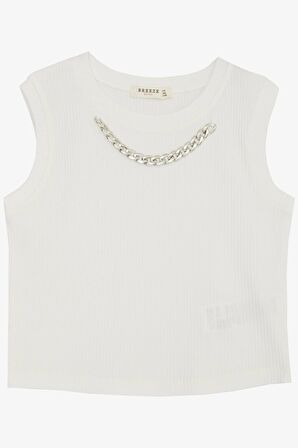 Breeze Kız Çocuk Crop Tişört Zincir Aksesuarlı 9-16 Yaş, Ekru