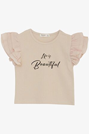 Breeze Kız Çocuk Tişört Kemer Boy Kolları Krep Kumaş Fırfırlı Yazı Baskılı 8-12 Yaş, Bej
