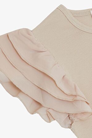 Breeze Kız Çocuk Tişört Kemer Boy Kolları Krep Kumaş Fırfırlı Yazı Baskılı 8-12 Yaş, Bej