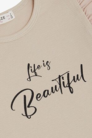 Breeze Kız Çocuk Tişört Kemer Boy Kolları Krep Kumaş Fırfırlı Yazı Baskılı 8-12 Yaş, Bej