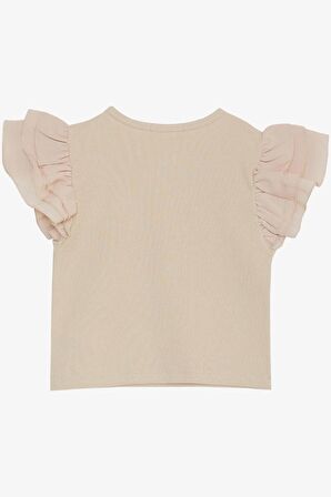 Breeze Kız Çocuk Tişört Kemer Boy Kolları Krep Kumaş Fırfırlı Yazı Baskılı 8-12 Yaş, Bej