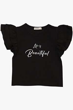 Breeze Kız Çocuk Tişört Kemer Boy Kolları Krep Kumaş Fırfırlı Yazı Baskılı 8-12 Yaş, Siyah