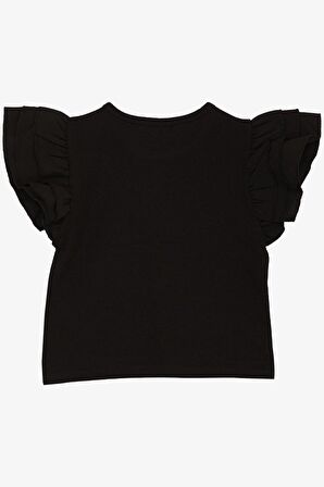 Breeze Kız Çocuk Tişört Kemer Boy Kolları Krep Kumaş Fırfırlı Yazı Baskılı 8-12 Yaş, Siyah