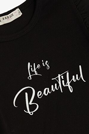 Breeze Kız Çocuk Tişört Kemer Boy Kolları Krep Kumaş Fırfırlı Yazı Baskılı 8-12 Yaş, Siyah