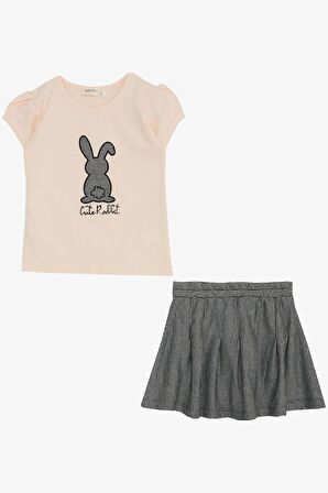 Breeze Kız Çocuk Etekli Takım Şirin Tavşancık Baskılı 3-8 Yaş, Pudra
