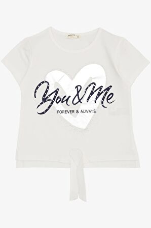 Breeze Kız Çocuk Tişört Belden Bağlamalı Taşlı Yazı Baskılı 7-12 Yaş, Ekru