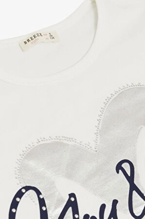 Breeze Kız Çocuk Tişört Belden Bağlamalı Taşlı Yazı Baskılı 7-12 Yaş, Ekru