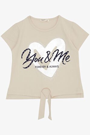 Breeze Kız Çocuk Tişört Belden Bağlamalı Taşlı Yazı Baskılı 7-12 Yaş, Bej