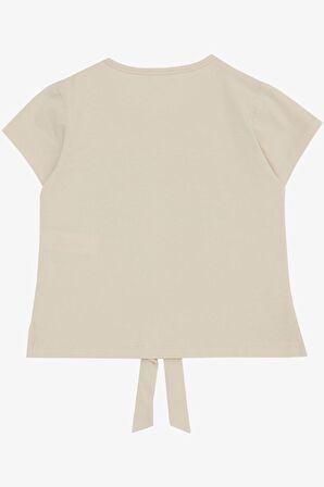 Breeze Kız Çocuk Tişört Belden Bağlamalı Taşlı Yazı Baskılı 7-12 Yaş, Bej