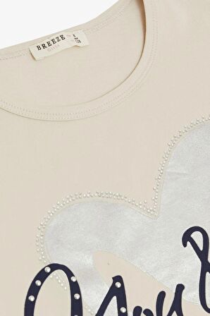 Breeze Kız Çocuk Tişört Belden Bağlamalı Taşlı Yazı Baskılı 7-12 Yaş, Bej