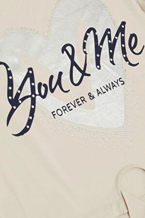 Breeze Kız Çocuk Tişört Belden Bağlamalı Taşlı Yazı Baskılı 7-12 Yaş, Bej