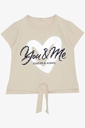 Breeze Kız Çocuk Tişört Belden Bağlamalı Taşlı Yazı Baskılı 7-12 Yaş, Bej