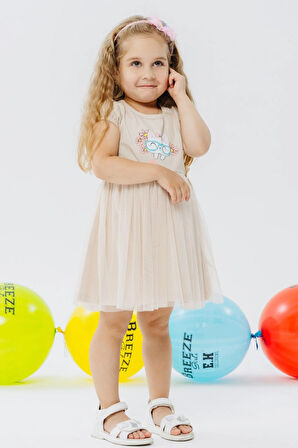 Breeze Kız Çocuk Elbise Gözlüklü Sevimli Kedicik Baskılı 1.5-5 Yaş, Bej