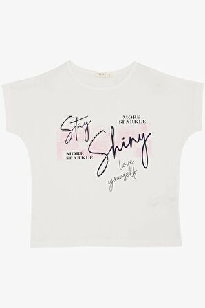 Breeze Kız Çocuk Tişört Işıltı Temalı Yazı Baskılı  10-16 Yaş, Ekru