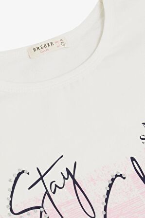 Breeze Kız Çocuk Tişört Işıltı Temalı Yazı Baskılı  10-16 Yaş, Ekru