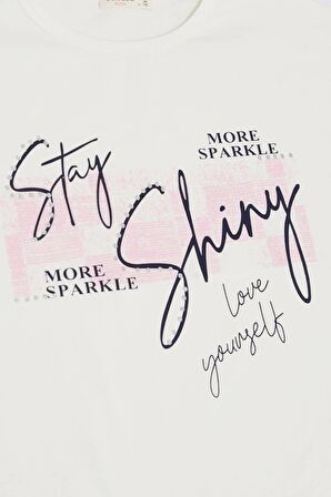 Breeze Kız Çocuk Tişört Işıltı Temalı Yazı Baskılı  10-16 Yaş, Ekru