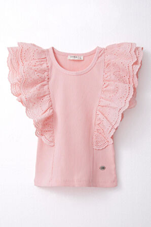 Breeze Kız Çocuk Tişört Güpürlü Çiçek & Yaprak Nakışlı 6-12 Yaş, Somon