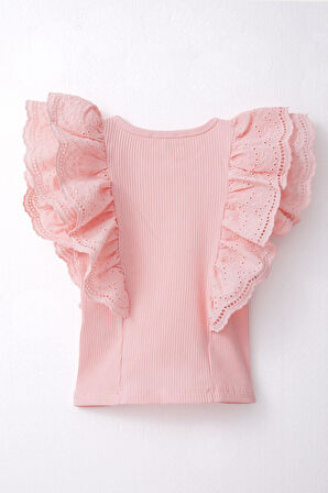 Breeze Kız Çocuk Tişört Güpürlü Çiçek & Yaprak Nakışlı 6-12 Yaş, Somon