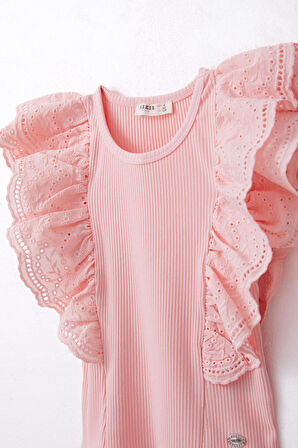 Breeze Kız Çocuk Tişört Güpürlü Çiçek & Yaprak Nakışlı 6-12 Yaş, Somon