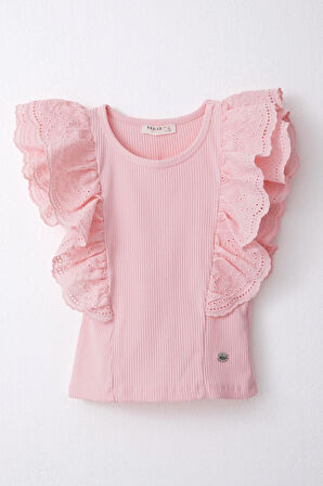 Breeze Kız Çocuk Tişört Güpürlü Çiçek & Yaprak Nakışlı 6-12 Yaş, Pembe