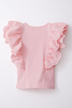 Breeze Kız Çocuk Tişört Güpürlü Çiçek & Yaprak Nakışlı 6-12 Yaş, Pembe