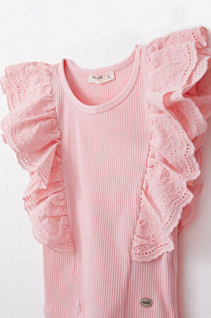 Breeze Kız Çocuk Tişört Güpürlü Çiçek & Yaprak Nakışlı 6-12 Yaş, Pembe