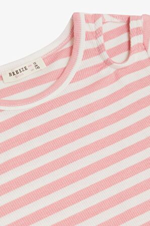 BREEZE Kız Çocuk Tişört Omuz Detaylı Armalı Kemer Boy 9-14 Yaş, Pembe