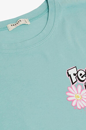 Breeze Kız Çocuk Tişört Yazı Baskılı 9-14 Yaş, Su Yeşili