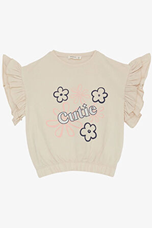 Breeze Kız Çocuk Tişört Çiçek Baskılı Kolları Fırfırlı 9-14 Yaş, Bej