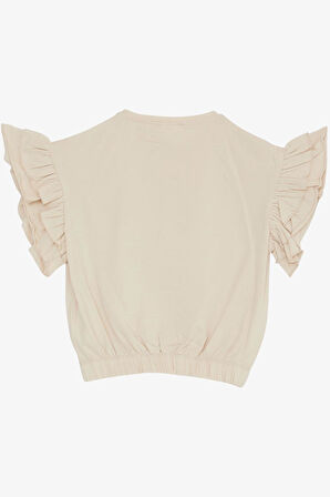 Breeze Kız Çocuk Tişört Çiçek Baskılı Kolları Fırfırlı 9-14 Yaş, Bej