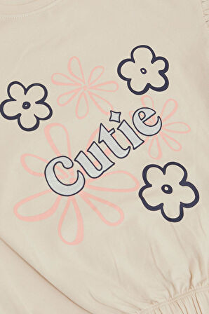 Breeze Kız Çocuk Tişört Çiçek Baskılı Kolları Fırfırlı 9-14 Yaş, Bej