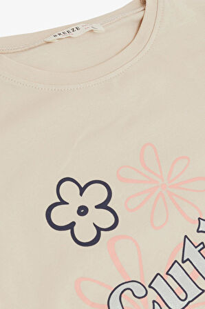 Breeze Kız Çocuk Tişört Çiçek Baskılı Kolları Fırfırlı 9-14 Yaş, Bej