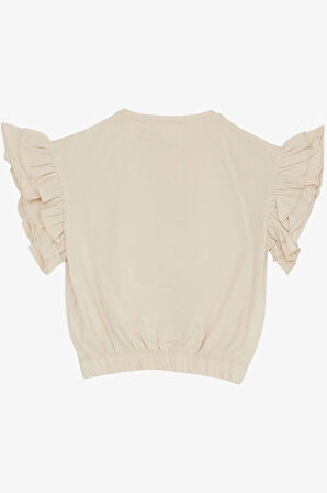 Breeze Kız Çocuk Tişört Çiçek Baskılı Kolları Fırfırlı 9-14 Yaş, Bej