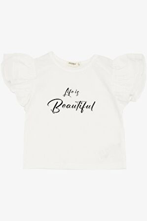 BREEZE Kız Çocuk Tişört Kemer Boy Kolları Krep Kumaş Fırfırlı Yazı Baskılı 8-12 Yaş, Ekru
