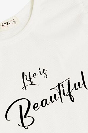 BREEZE Kız Çocuk Tişört Kemer Boy Kolları Krep Kumaş Fırfırlı Yazı Baskılı 8-12 Yaş, Ekru