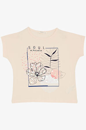Breeze Kız Çocuk Tişört Çiçek Baskılı Pullu 10-16 Yaş, Pudra