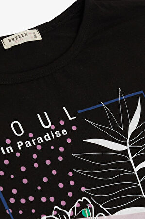 Breeze Kız Çocuk Tişört Çiçek Baskılı Pullu 10-16 Yaş, Siyah