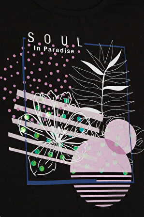 Breeze Kız Çocuk Tişört Çiçek Baskılı Pullu 10-16 Yaş, Siyah