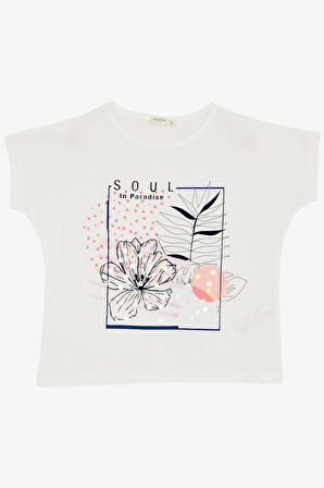 Breeze Kız Çocuk Tişört Çiçek Baskılı Pullu 10-16 Yaş, Ekru
