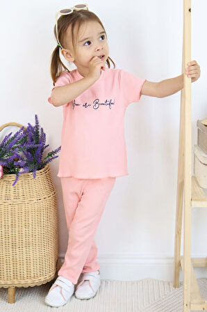 Breeze Kız Çocuk Taytlı Takım Yazı Baskılı 1.5-5 Yaş, Pembe