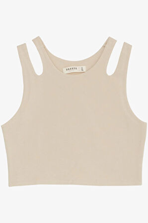 Breeze Kız Çocuk Crop Tişört Çift Askı Omuz Detaylı 9-16 Yaş, Bej