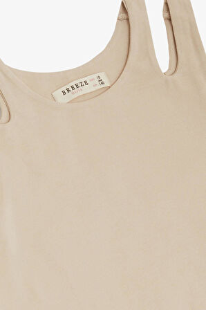 Breeze Kız Çocuk Crop Tişört Çift Askı Omuz Detaylı 9-16 Yaş, Bej