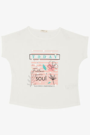 Breeze Kız Çocuk Tişört Çiçek & Yazı Baskılı Pullu 9-14 Yaş, Ekru