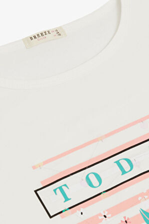 Breeze Kız Çocuk Tişört Çiçek & Yazı Baskılı Pullu 9-14 Yaş, Ekru