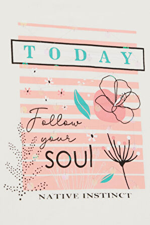 Breeze Kız Çocuk Tişört Çiçek & Yazı Baskılı Pullu 9-14 Yaş, Ekru